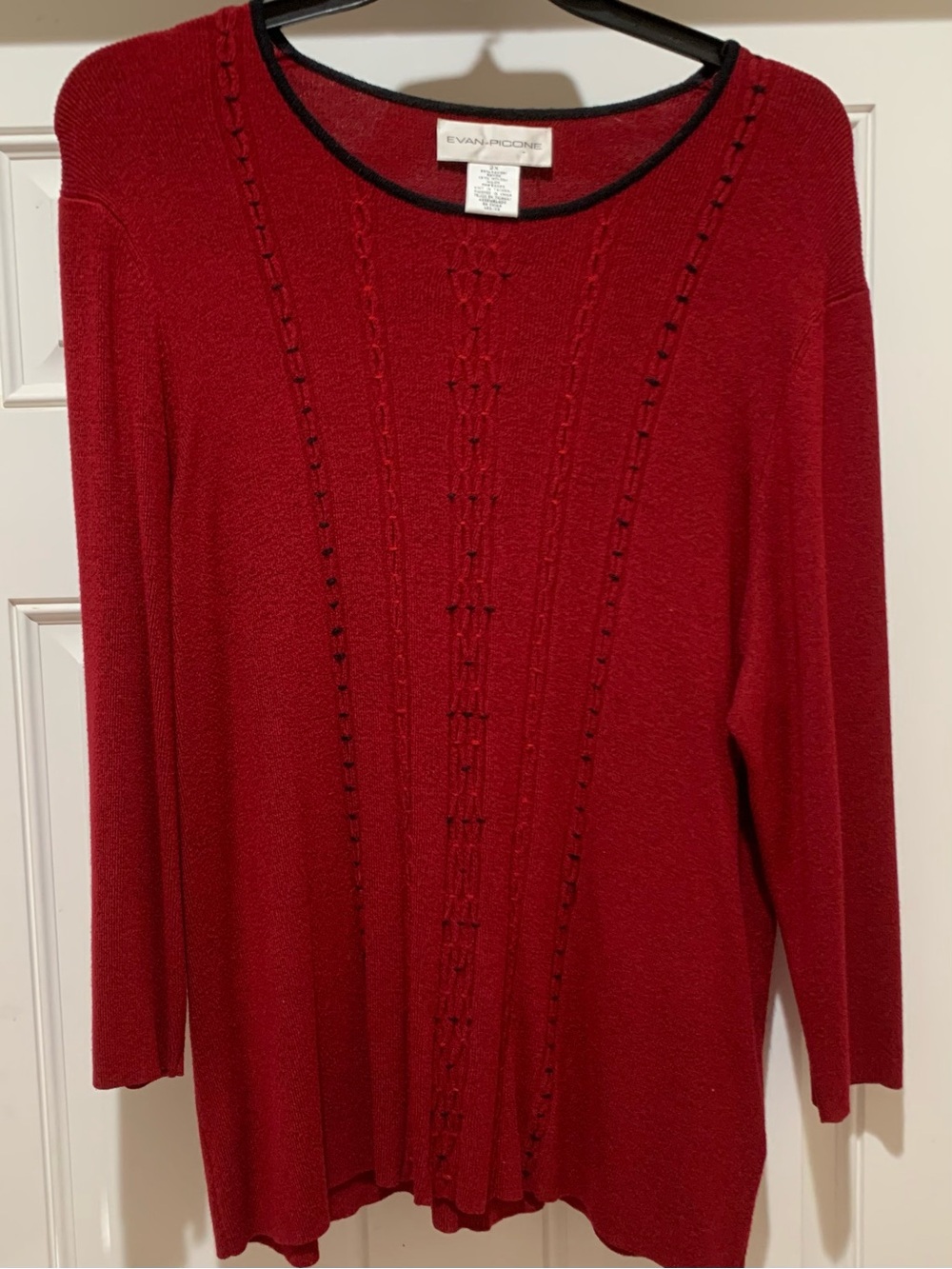 Evan-Picone Red Fine Knit Sweater Front Vertical Embroidered Details 2X  VTG